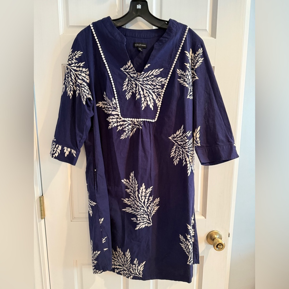 NWOT Tribal Femme Blue & White Cotton Dress Size L